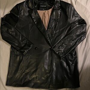 Wildfang Black Faux Leather Double-Breasted Blazer with Tan Lining